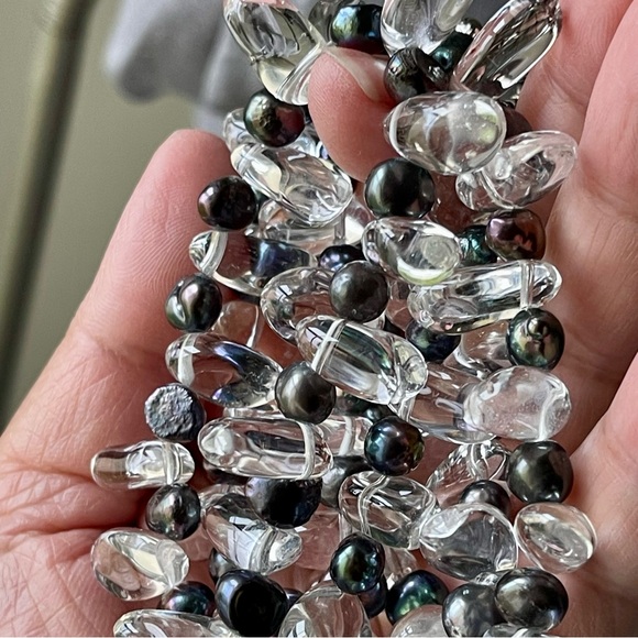 Rock Crystal Gemstones Black Rainbow Freshwater Pearls Two Strand 17"  Necklace - Picture 6 of 13